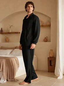 Men Plain Long Sleeve Pajama Set - Black - View 6