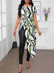 SHEIN Lady 女士圆领短袖扭纹不对称下摆条纹印花衬衫