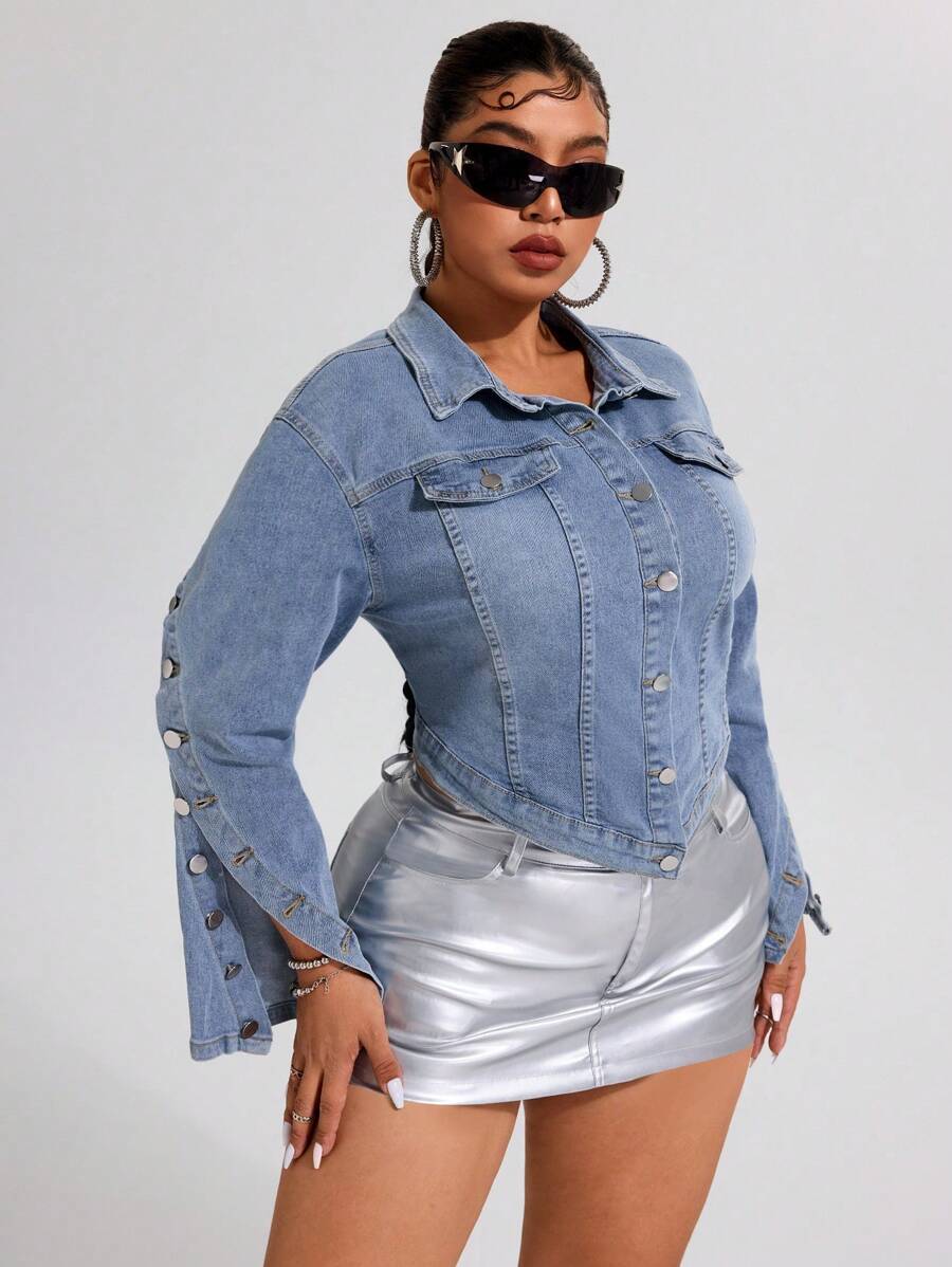 SHEIN ICON 女式加大码浅蓝色洗水牛仔夹克，高弹力长袖牛仔外套 - 中等水洗藍 - 查看 1