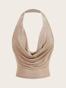 SHEIN Sweetina 女士圆领无袖短款 Y2K 红色性感上衣，时尚纯色 - 卡其色 - 查看 1