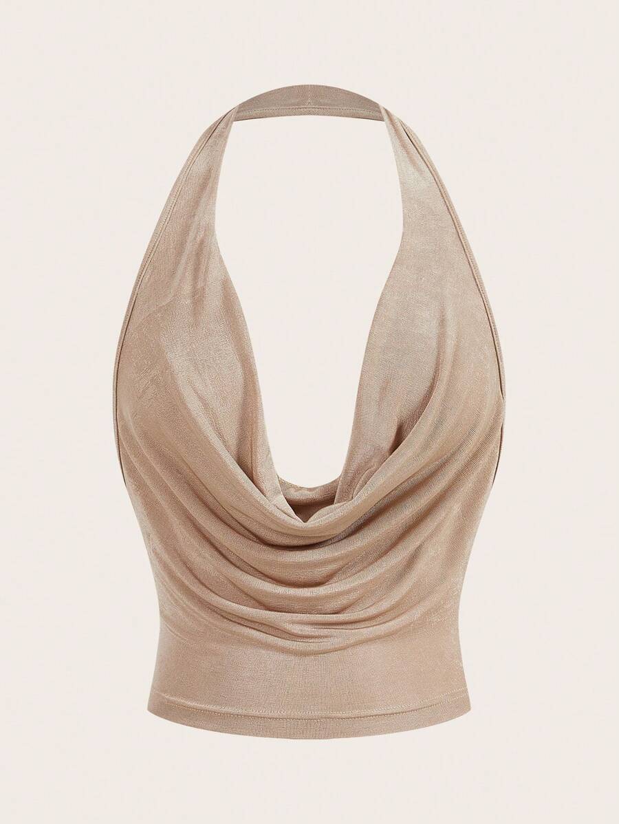 SHEIN Sweetina 女士圆领无袖短款 Y2K 红色性感上衣，时尚纯色 - 卡其色 - 查看 1