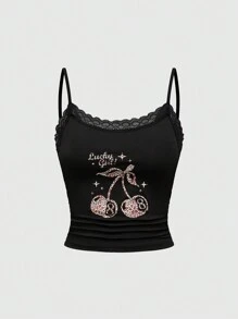 ROMWE Goth Savage Y2K Cherry Leopard Print Cami And Shorts Pajama Set - Black - View 7