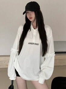 DAZY Women Regular Collar Ruffle Solid Color Long Sleeve T-Shirt,Fall Women Clothes - White - View 3