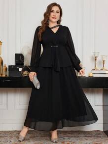 Modelyn Plus Size Women Asymmetrical Collar Mesh Long Sleeve Shirt And A-Line Skirt Elegant 2 Pieces Set