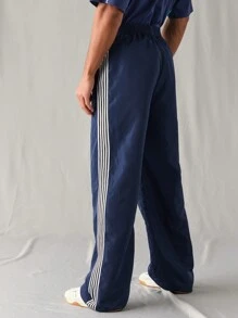 Manfinity RebelGame Men's Regular Size Navy Blue Loose Straight Wide Leg Drawstring Casual Sport Pants - Royal Blue - View 2