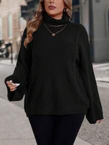 SHEIN LUNE 大码休闲宽松高领针织毛衣套头衫，采用精致的凸起针织纹理，打造休闲外观。派对、音乐节、家居服、返校活动、送礼和购物。冬装、乡村上衣、秋季毛衣