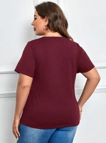 SHEIN LUNE Plus Size Casual Solid Color Ruched Asymmetric Hem Loose T-Shirt - Maroon - View 2
