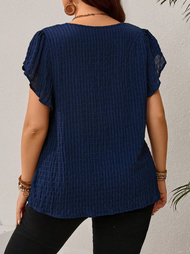 Plus Size Women's Navy Blue Petal Sleeve Blouse, Early Spring And Summer For Women, Vacation