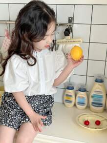 DAZY 2pcs Set Young Girl Plain Front Button Short Sleeve Top And Skirt Floral - Black and White - View 5