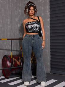 SHEIN ICON Plus Size Stylish Pleated Wash Denim Flare Pants - Blue - View 4