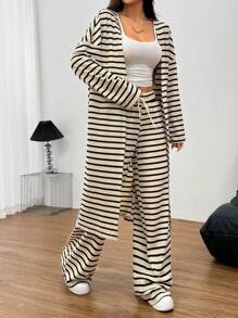 Flirla Basic Long Striped Thin Jacket, Casual Home Daily Wear Long Sleeve Robe - Multicolor - View 5