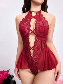 ROMWE Sexy Lace Mesh Patchwork Cross Ruffle Trim Teddy Lingerie - Burgundy - View 2
