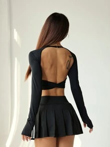 Easithlete 女士纯色长袖简约修身休闲运动 T 恤和背心套装 - 黑色 - 查看 5