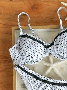 SHEIN Swim Women's Summer Polka Dot Print Underwire Butterfly Accent Spaghetti Strap Bikini Swimwear, Bathing Suit - Black and White - View 3