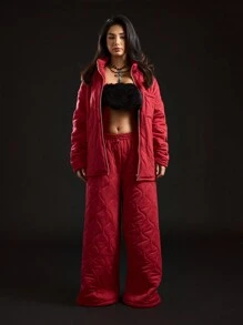 SUMWON WOMEN Quilted Wide Leg Sweatpants Loungewear Winter Cozy Warm Padded Pants Comfy Lounge Bottoms Thick Fleece Lined Casual Athletic Wear Insulated