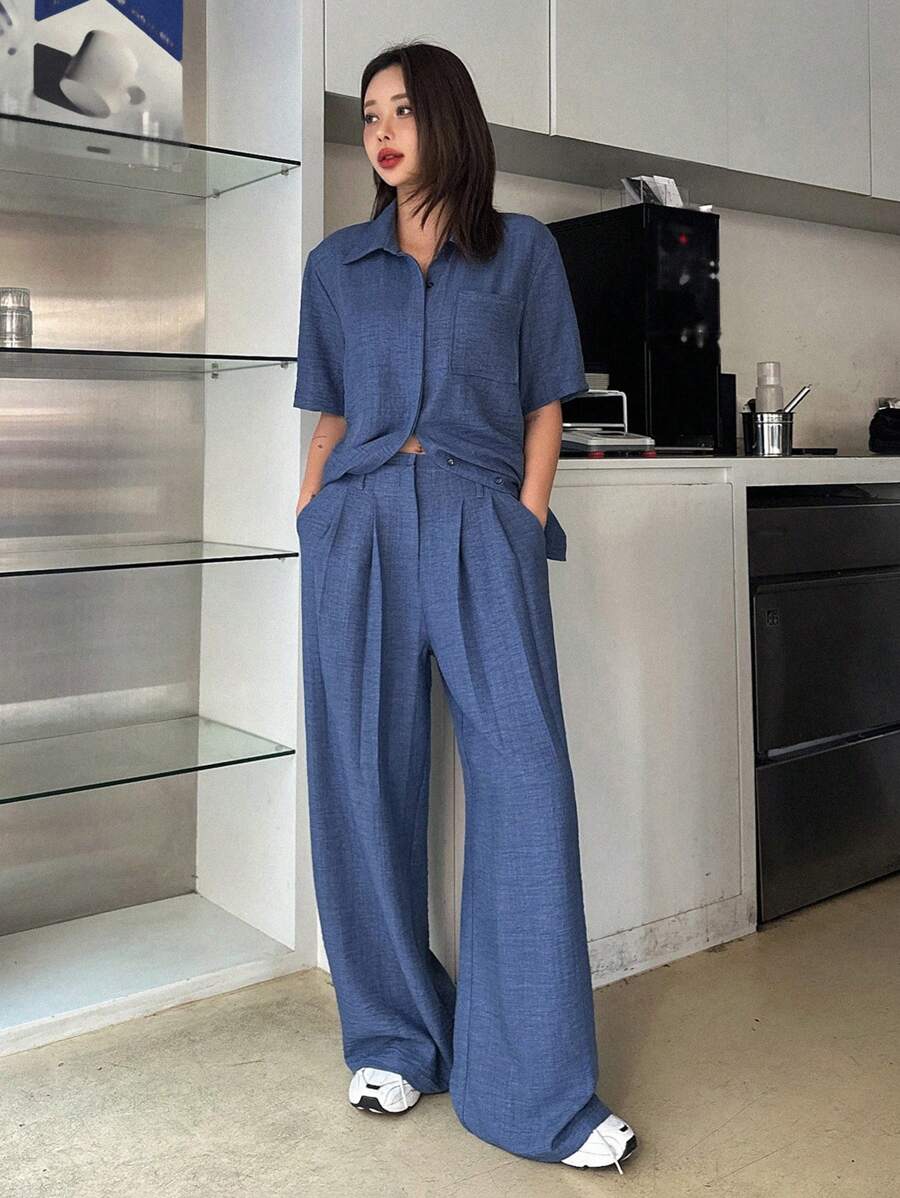 DAZY 女士纯色短袖衬衫长裤两件套，蓝色，春夏款，教师休闲套装