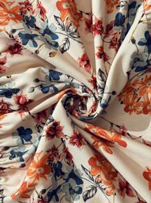 SHEIN Clasi Women's Elegant Floral Print V-Neck Splicing Hollow-Out Lace Ruffle Hem A-Line Waist-Cinched Long Dress