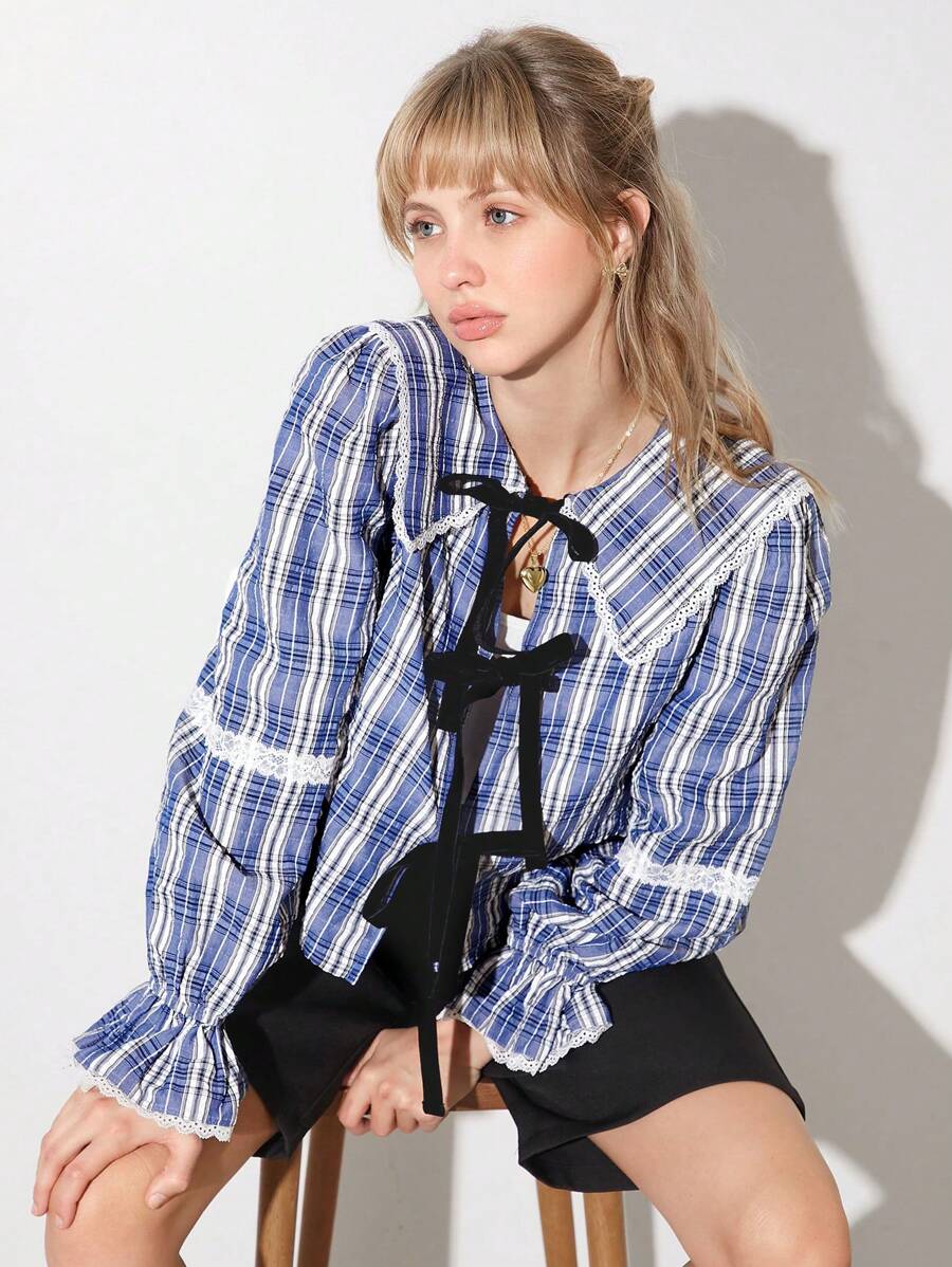 Easelle 女式复古现代蓝白格子水手领蕾丝天鹅绒系带泡泡袖宽松衬衫