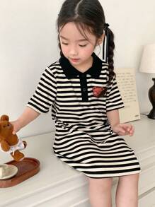 DAZY 年轻女孩条纹短袖休闲日常简约连衣裙，女孩夏季服装 - 黑與白 - 查看 8