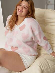 SHEIN EZwear 大码粉色心形图案V领舒适宽松针织套头衫，适合情人节穿着 - 粉色 - 查看 3