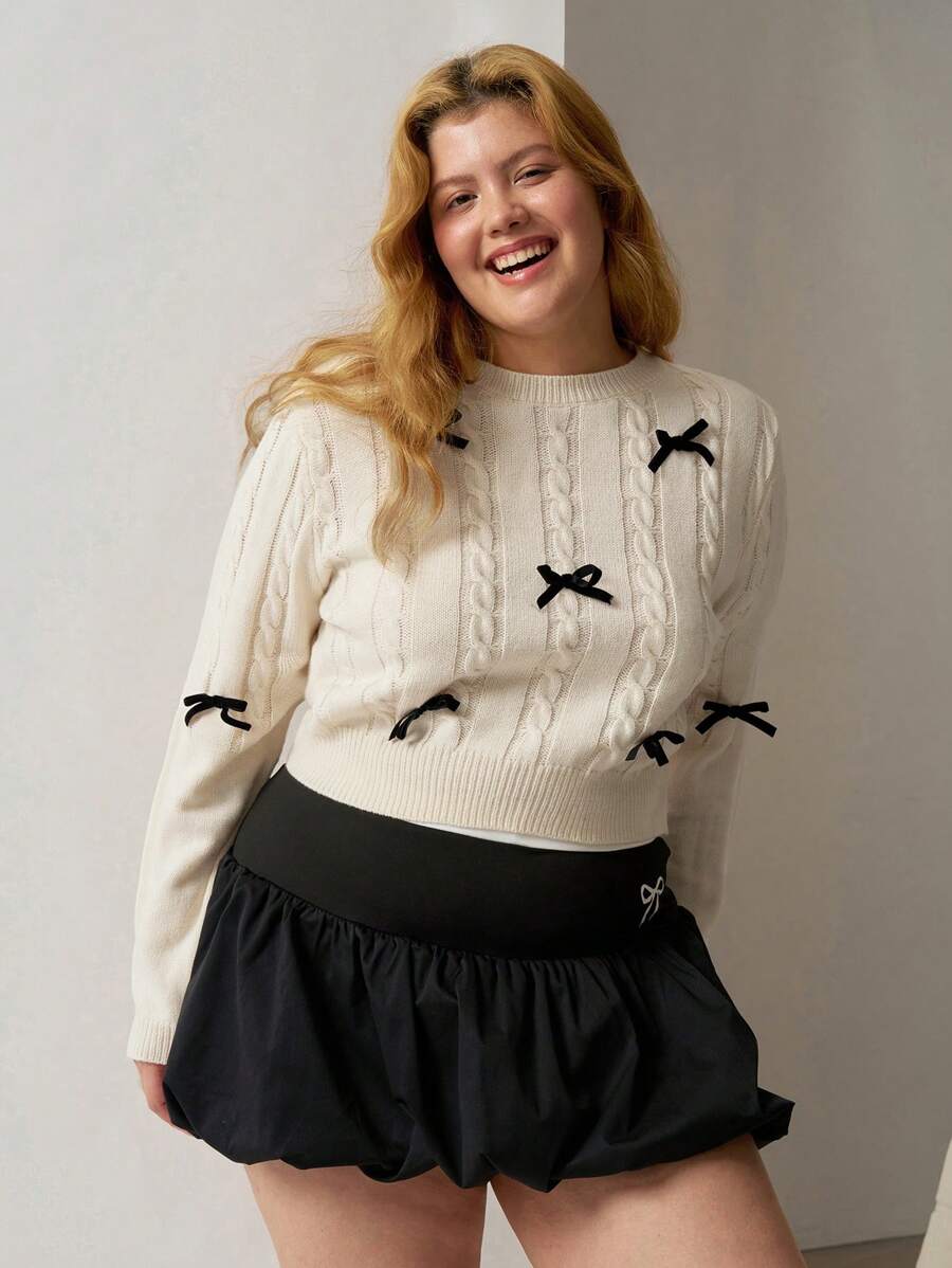 SHEIN EZwear 大码蝴蝶结和复古甜美圆领套头毛衣 - 米色 - 查看 1