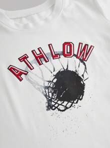 SHEIN 夏季男童两件套服装，篮球图案印花短袖 T 恤和短裤，休闲舒适，适合户外、学校 - 黑與白 - 查看 4