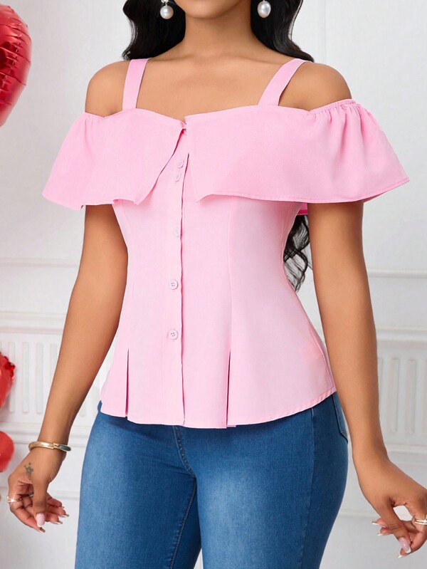 Lyxana Women's Fashion Spaghetti Strap Butterfly Sleeve Single-Breasted Belted Blouse, Suitable For Valentine's Day