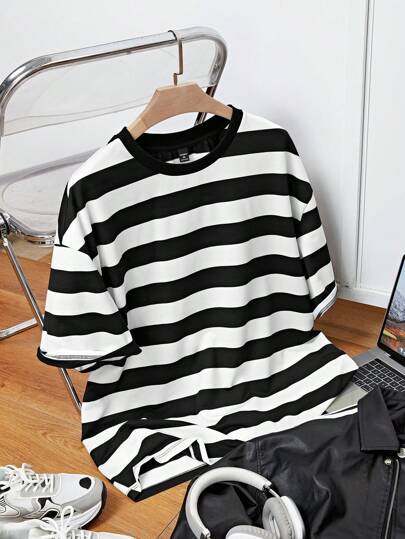 EASEVO 大码男士休闲宽松针织圆领短袖T恤，夏季，学校