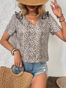 Breezaya Luipaardprint V-hals korte mouw casual shirt, minimalistische en modieuze dagelijkse kleding
