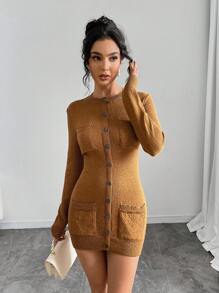 INAWLY Vestido de punto ajustado con botones delanteros de unicolor, diseño casual y minimalista, apto para otoño/invierno