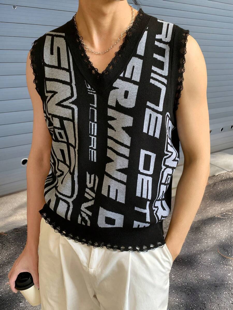 Claim Dot 男士字母图案 V 领休闲针织毛衣背心秋冬款 - 彩色 - 查看 1