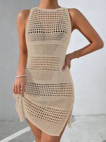 Breezaya Women's Vacation Solid Color Round Neck Side Slit Hollow-Out Hem Cover-Up Dress, For Summer Beach