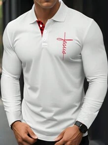 Manfinity Homme Men's Letter Graphic Long Sleeve Polo Shirt, Casual Everyday Wear, For Golf