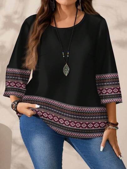 EMERY ROSE 大码女式休闲全身印花圆领宽松 3/4 袖衬衫，适合秋冬季