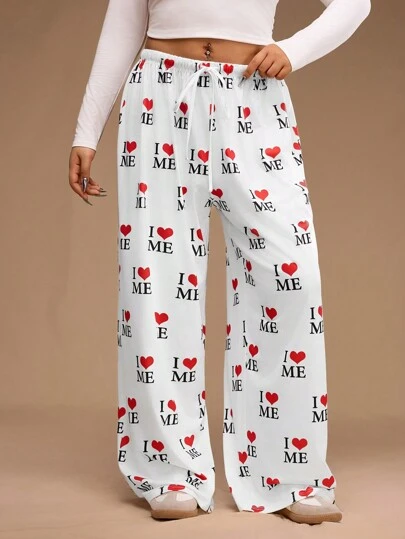 Forever 21 Plus Size Lace-Up High Waist Loose Wide Leg Valentine's Day Casual, Basic, Elegant, Outgoing, Beachwear, Y2K Style, Unique, Stockholm Style, Airport Look, Heart Pattern White Pants
