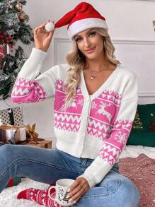 Chiquease Suéter de Cardigan de Manga Larga con Cuello en V y Hombros Caídos, de Punto con Diseño de Renos Navideños