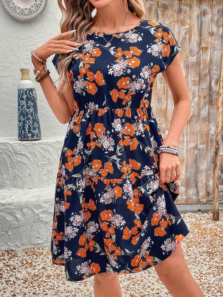 Women Crew Neck Batwing Sleeve Floral Print Casual Mini Dress