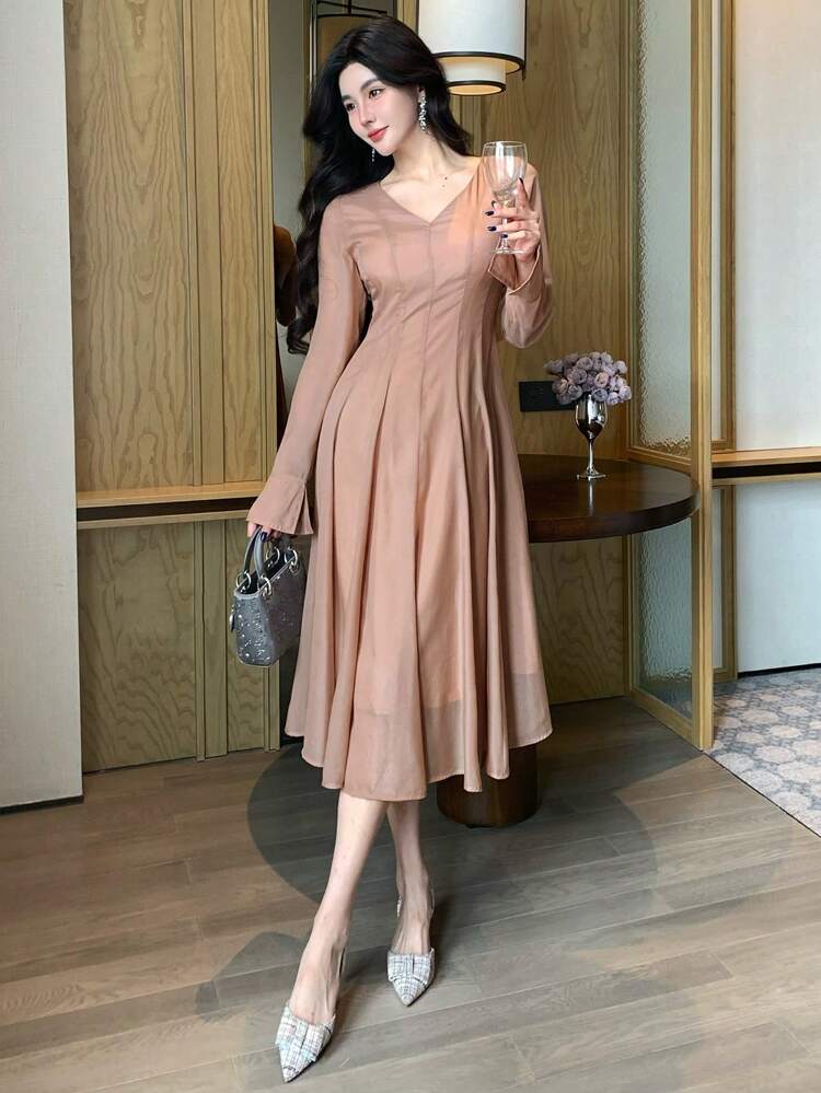 Spring Elegant Wedding Guest Net Yarn V-Neck Midi Dress, Solid Color Prom Dress,Ruffle,Fall Dress Long Sleeve Dress