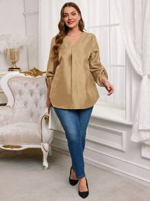 EMERY ROSE 大码优雅纯蓝色卷袖弧形下摆衬衫，冬季女装 - 黃色 - 查看 5