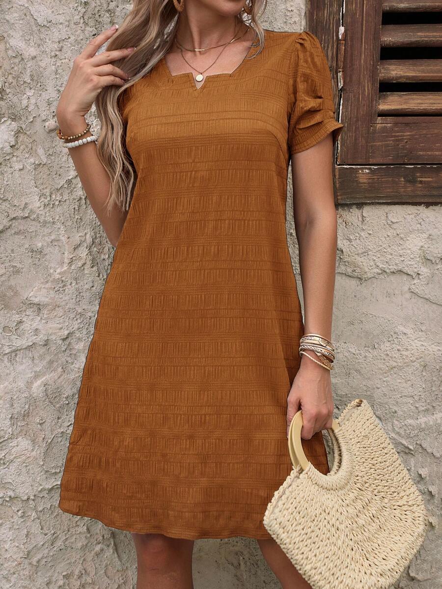 EMERY ROSE 女式 V 领短袖夏季连衣裙 - 卡其色 - 查看 1