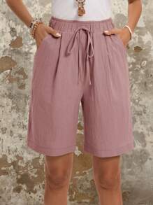 Faunlyn Solid Color Elastic Waist Slant Pocket Shorts Women's Summer Shorts Cotton Comfy Shorts - Baby Pink - View 5