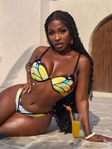 Slaydiva Conjunto de bikini con parte superior y Bottom de unicolor con efecto parchwork para mujer, traje de baño para verano y vacaciones en la playa - Multicolor - Ver 5
