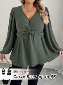 SHEIN CURVE+ Curve Plus 法式设计休闲扭纹下摆 A 字长袖衬衫，绿色上衣