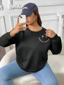 INAWLY Sweatshirt ukuran plus Slogan Casual - Hitam - View 2
