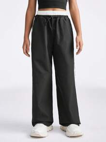 SHEIN Tween Girls Fall/Winter Daily Wear/Back To School/Basic Knit Banded Texture Decoration Sport Wide Leg Sweatpants