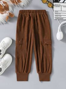 Pantalones jogger de pana con logo para niñas, de moda casual con detalles de bolsillo acordeón, adecuados para uso diario - Café integral - Ver 2