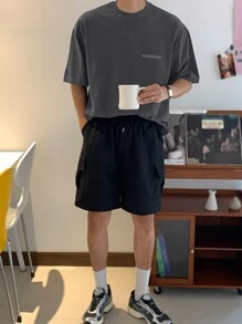 DAZY 男士灰色字母印花圆领短袖休闲T恤，夏季，返校服 - 灰色 - 查看 3