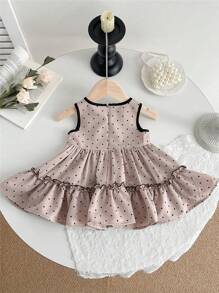 SHEIN Robe de princesse sans manches pour bébé fille avec impression de pois et décoration de nœud - Kaki - Voir 2