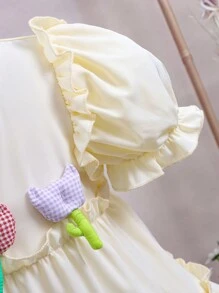 Vestido de princesa de manga abullonada y cuello redondo con decoración floral 3D multicapa, para uso casual de verano para niñas - Amarillo - Ver 5