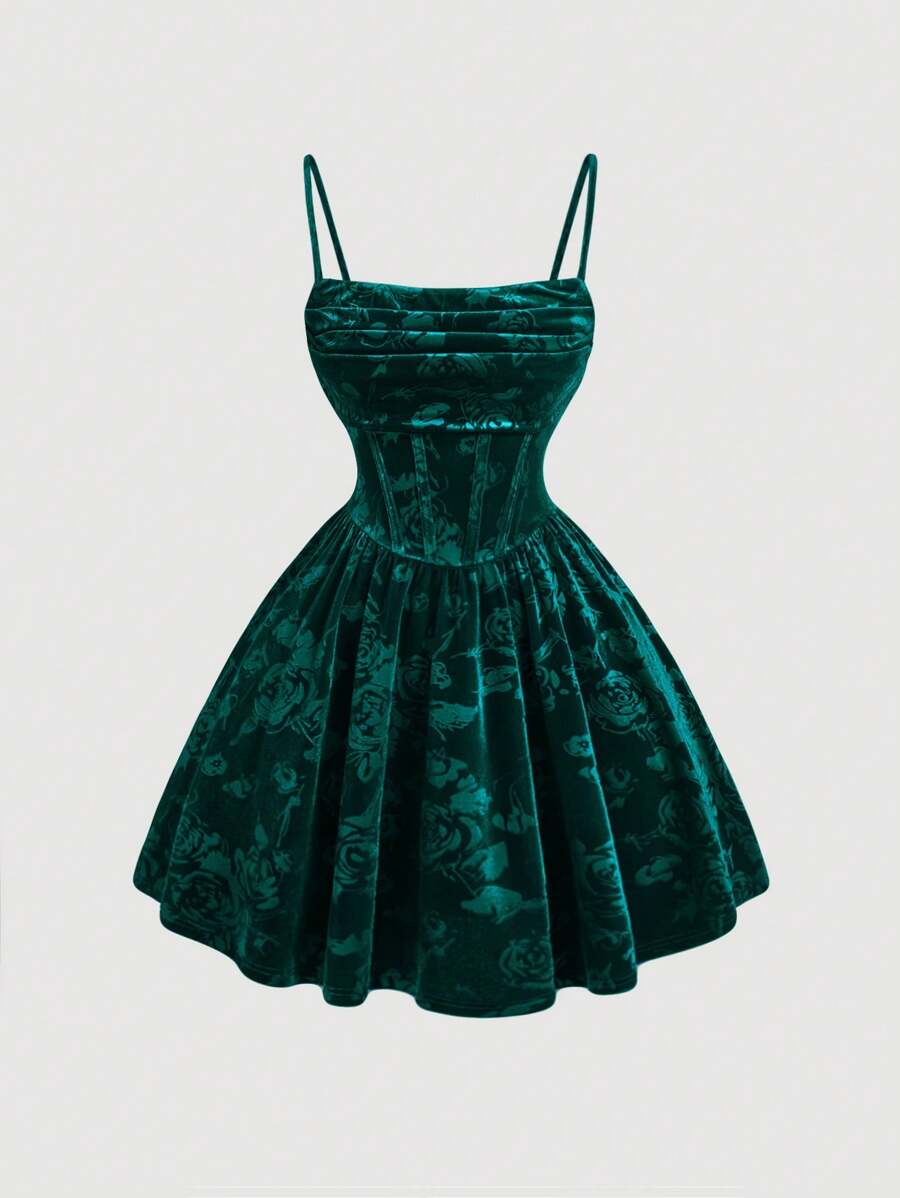 SHEIN MOD Sleeveless Pleated Front Ruched Waist A-Line Velvet Red Dress - Dark Green - View 1